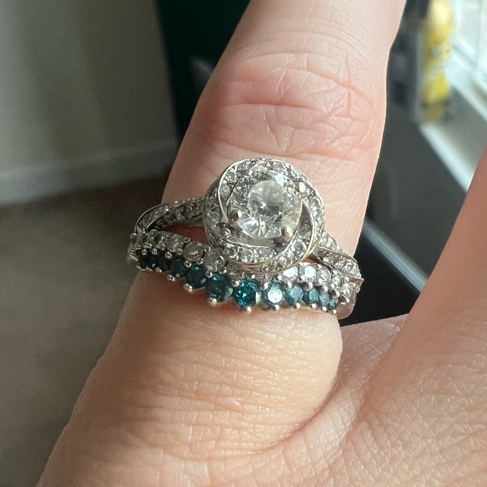 White gold diamond and sapphire wedding set.